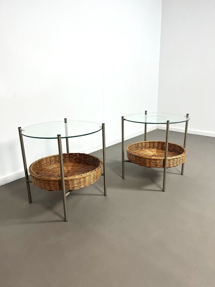 Mid-Century side tables with cane magazine holder 1960s