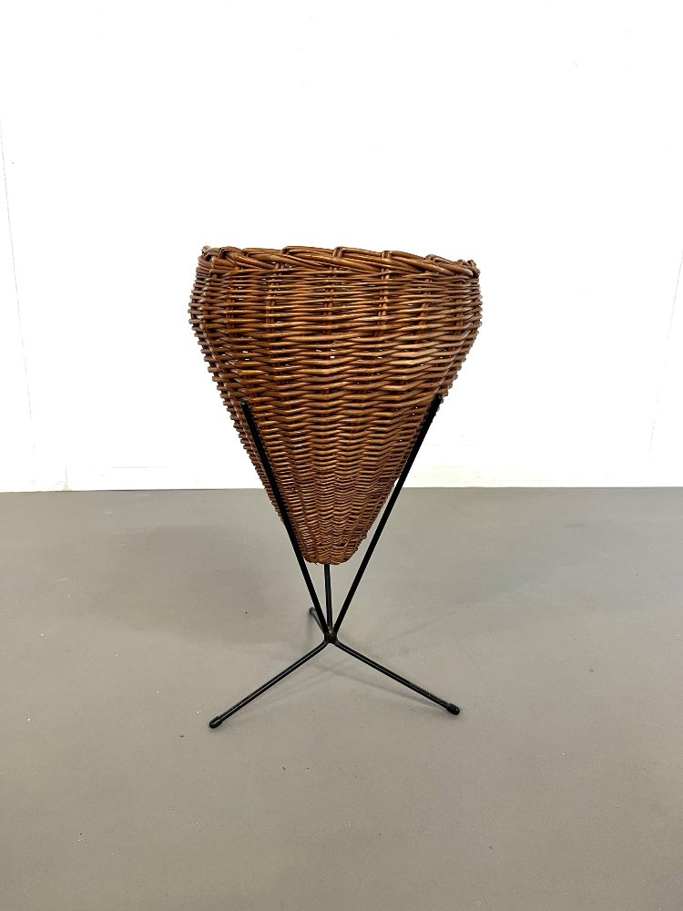 Mid-century Italian wicker basket on a black metal tripod frame 1950s