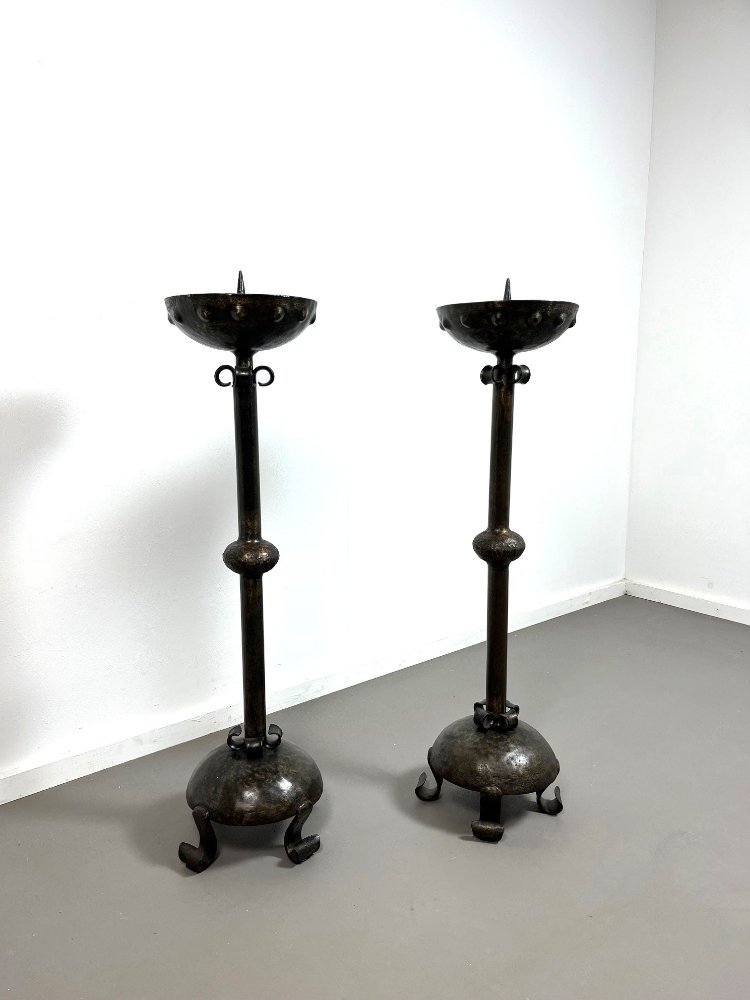 Set of 2 large brutalist cast-iron church floor candle holders 1970s