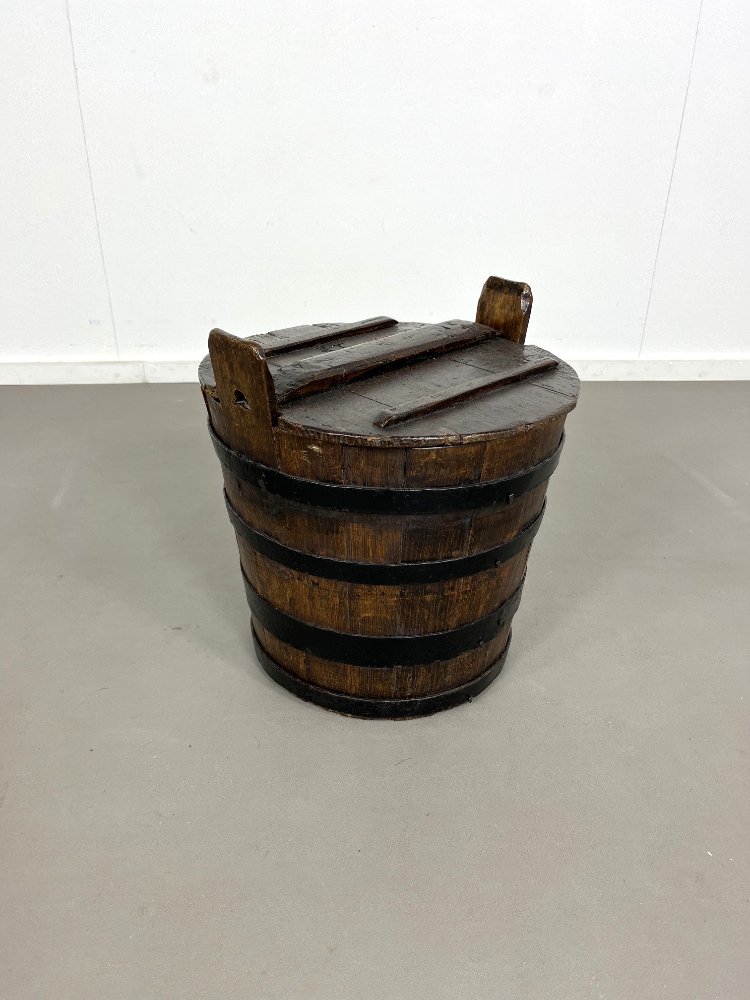 Antique rustic wooden barrel with lid, Sweden 1920s