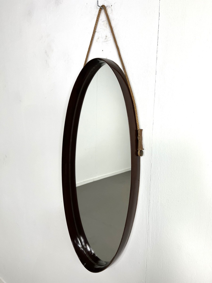 20th-Century Italian mahogany wood oval-shaped wall mirror, 1960s