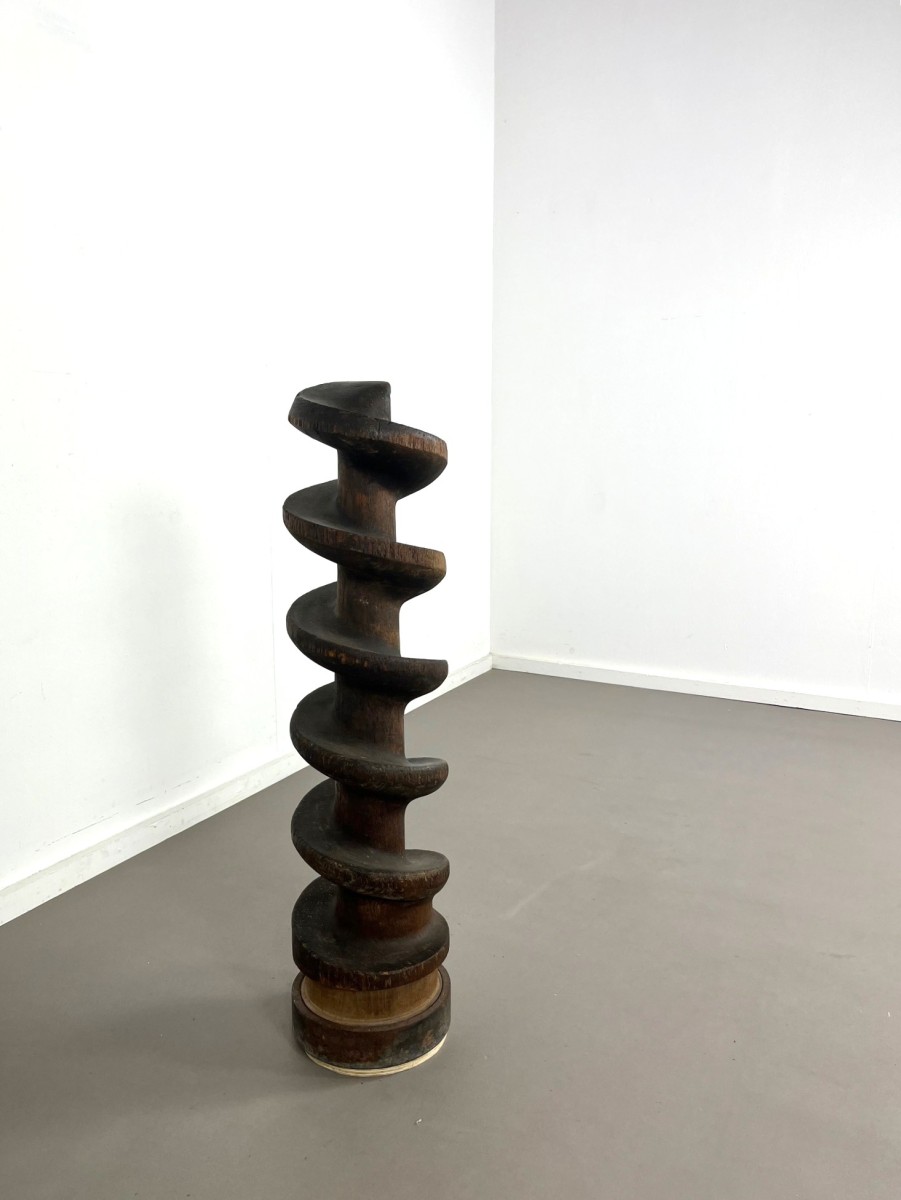 Antique French industrial wooden wine press screw, 1920s