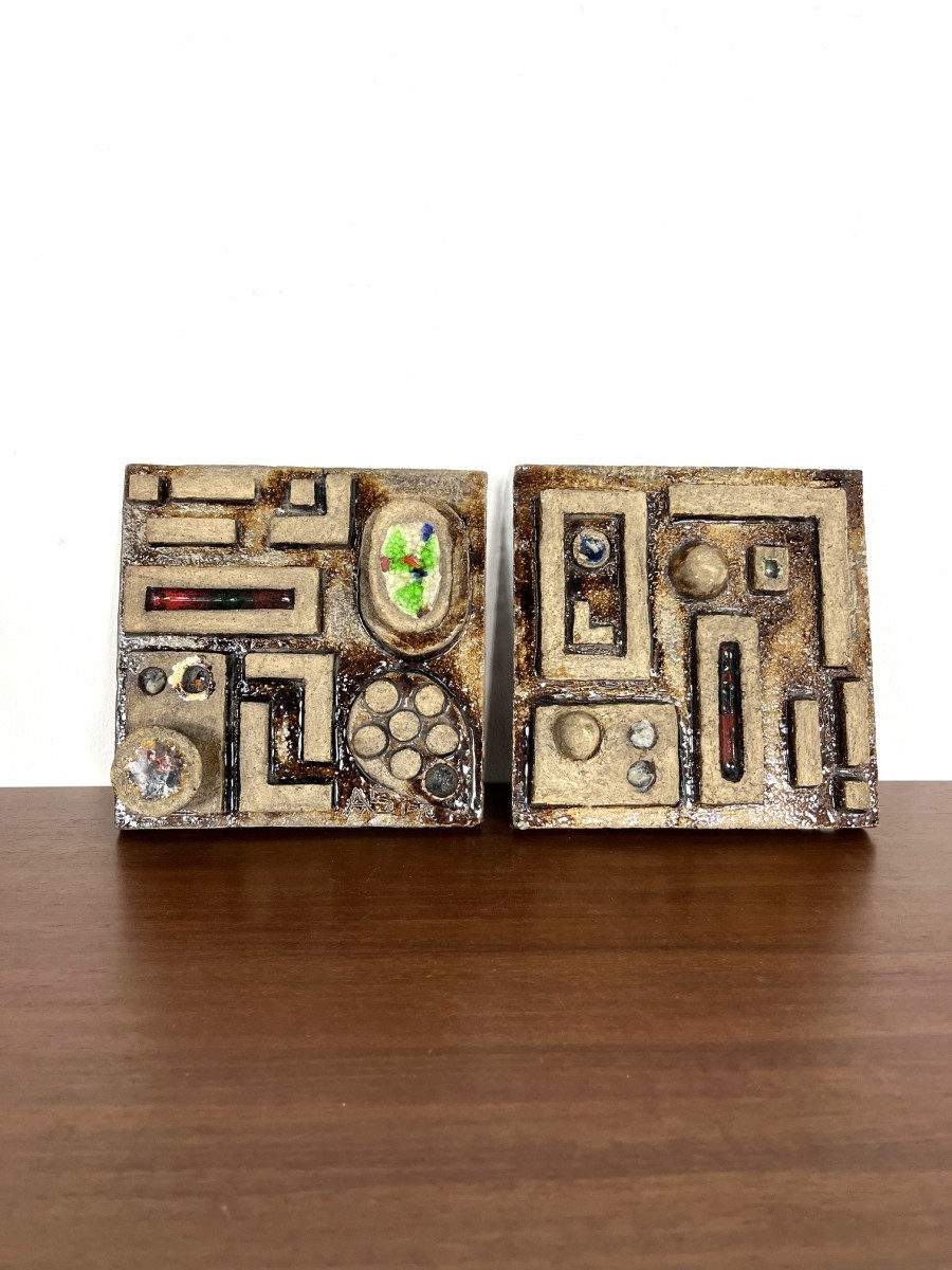 Vintage ceramic brutalist wall plaque sculptures, Belgium 1970s