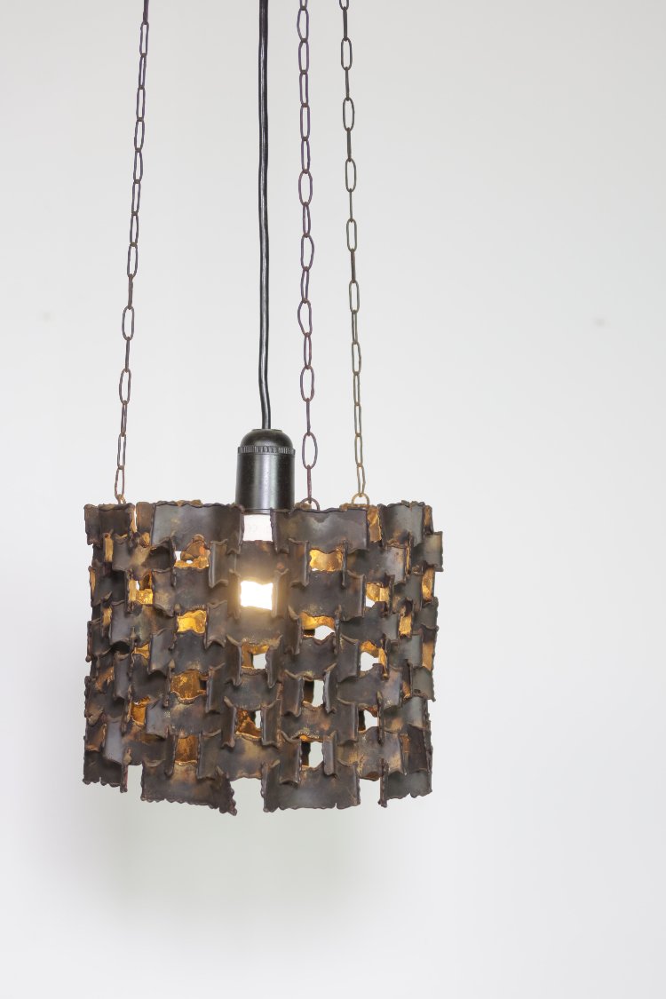 Vintage brutalist handmade brass pendant lamp 1970s