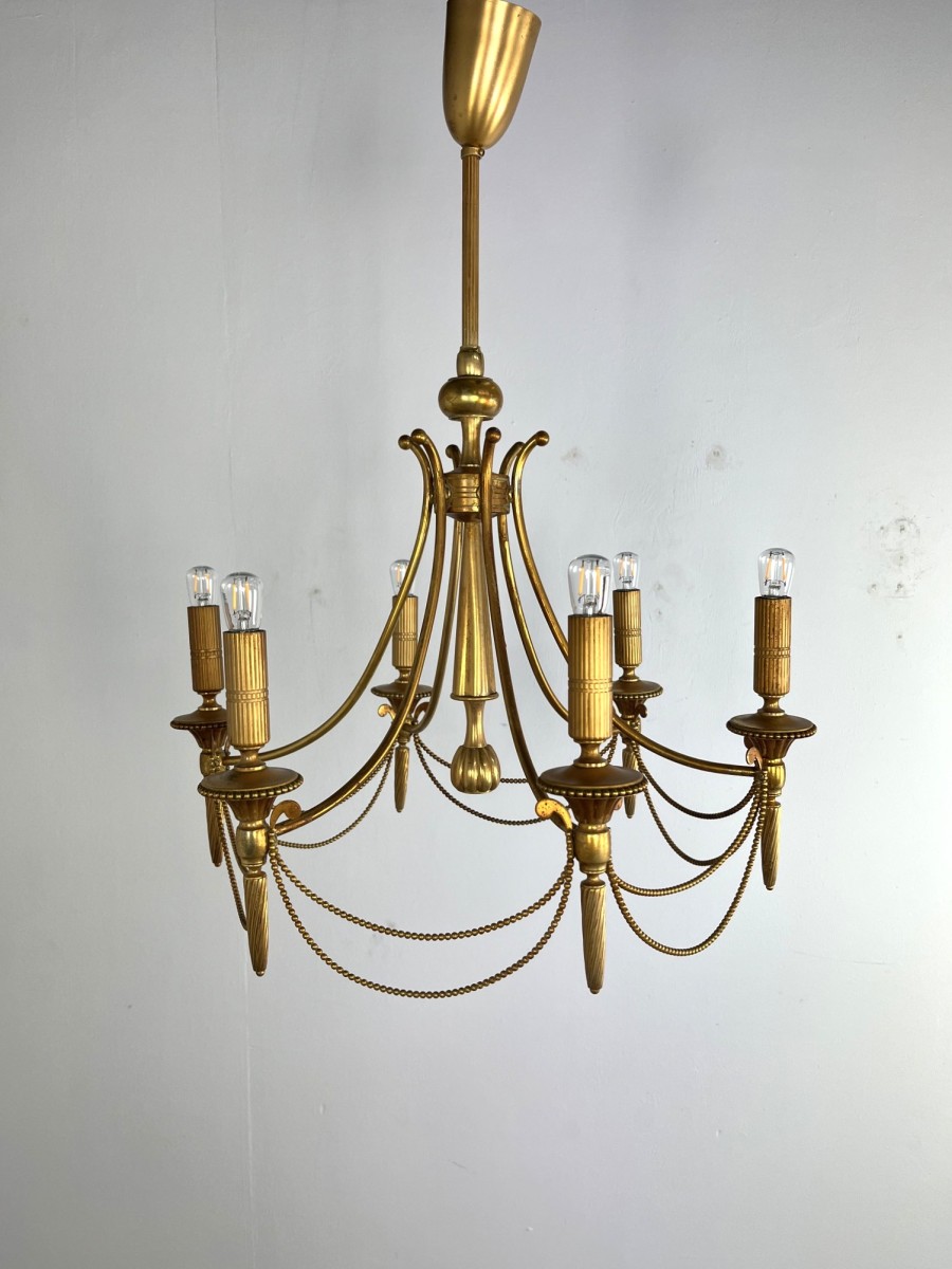 Gold plated brass six-light chandelier by Gaetano Sciolari, Italy 1960s