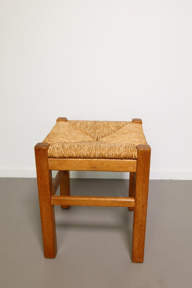 Modernist French oak stool with a straw seat 1960s