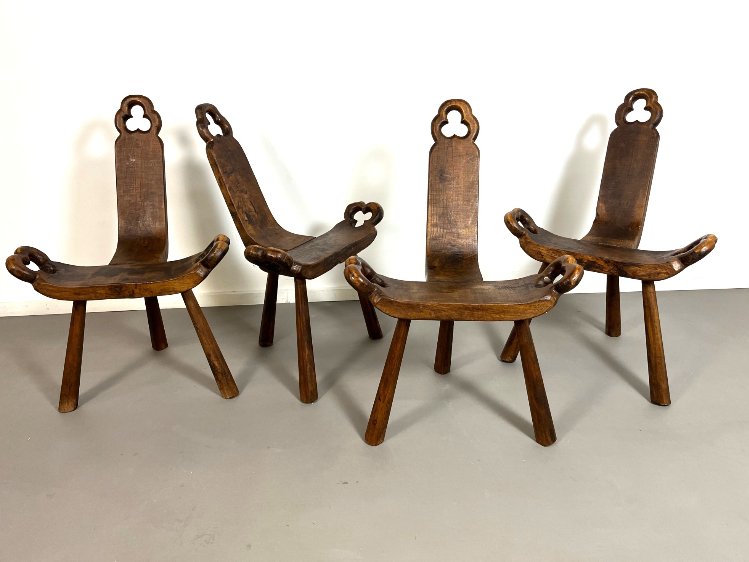 Hand-carved Spanish brutalist oak tripod chairs 1950s
