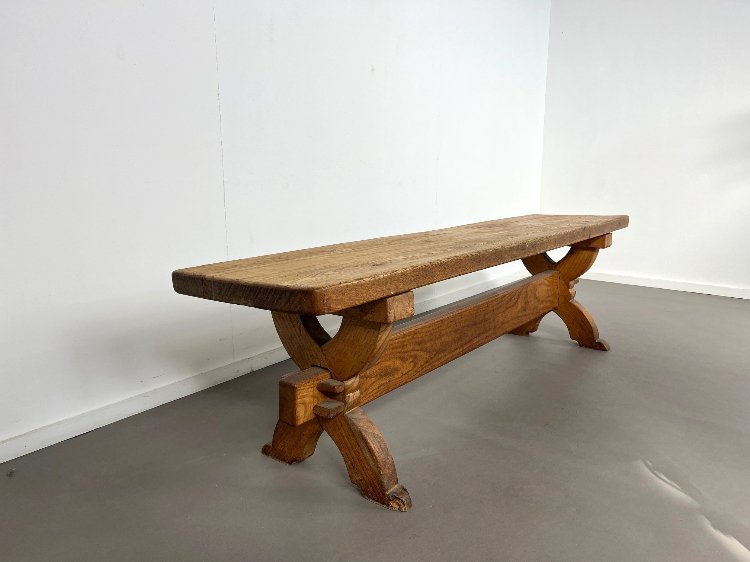 Large Mid-Century French brutalist solid oak bench 1960s