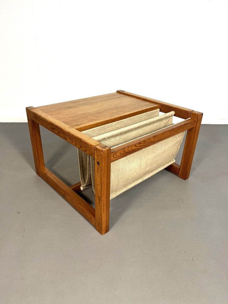 Pine Safari coffee table with linen magazine rack by Karin Mobring for Ikea, 1970s